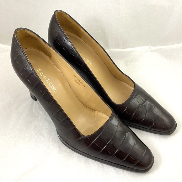 Ralph Lauren Pump Croc Embossed Brown Leather 3" Block Heel Classic 8.5 B - Picture 4 of 11